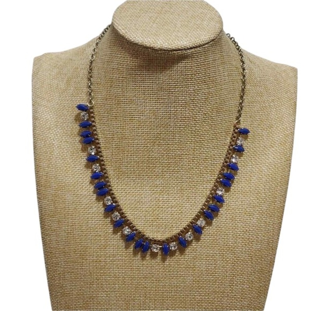 J. Crew Royal Blue Marquise Crystal Statement Necklace Gold Tone Bib Fringe